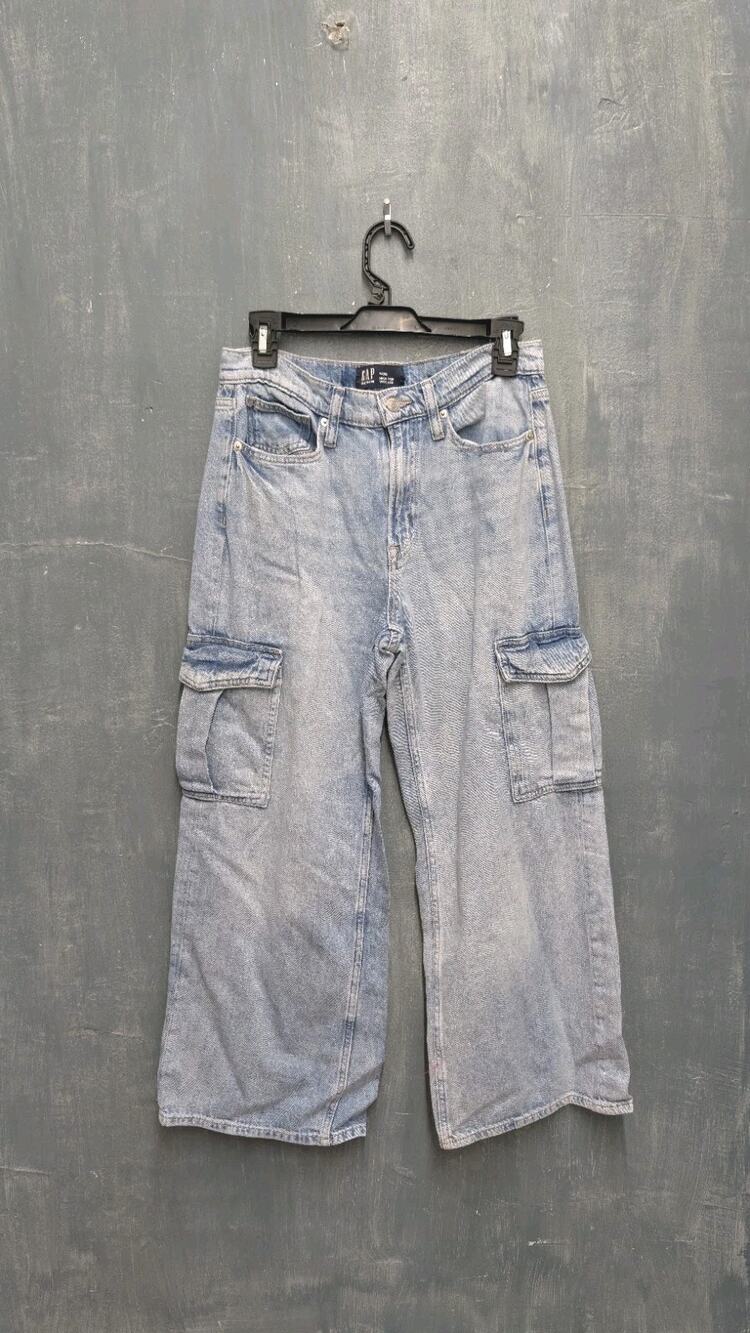 Gap Jeans 6/28 Short Blue Denim Cotton High Rise Wide Leg Cargo READ Descriptio